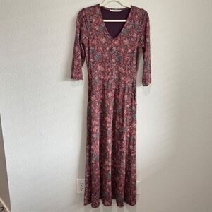 Peruvian Connection Size XS Multicolor Winter Vine 3/4 Sleeve V-Neck Maxi Dress